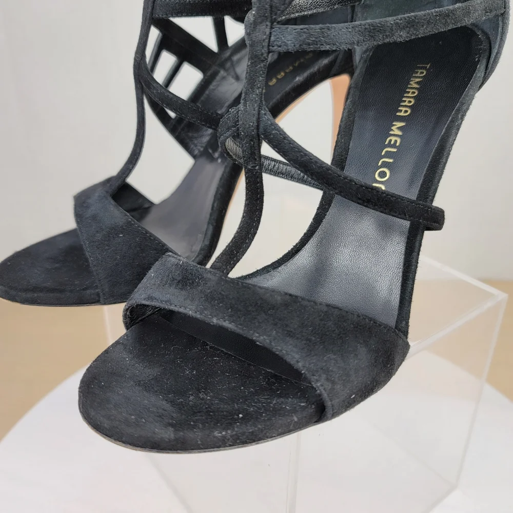Tamara Mellon Black Suede Love Strappy Stiletto High Heel Sandals EU 37.5 US7